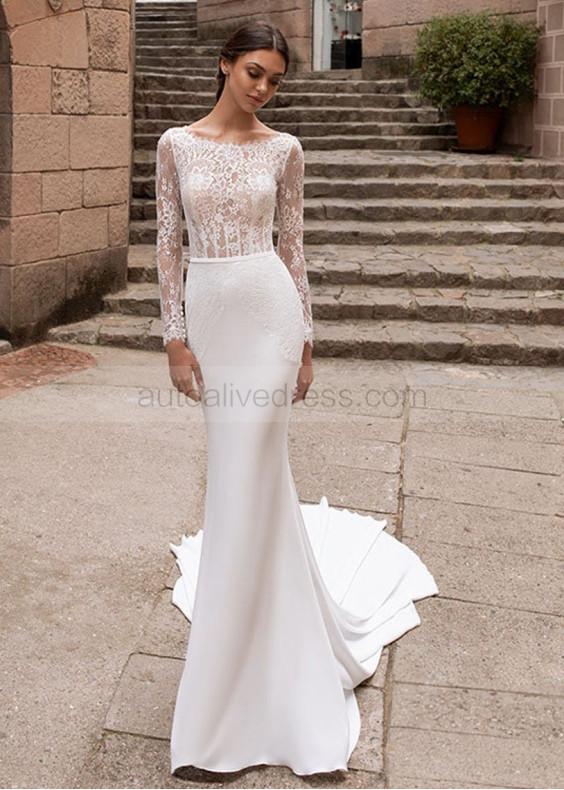 Long Sleeve Boat Neck Ivory Satin Lace Wedding Dress